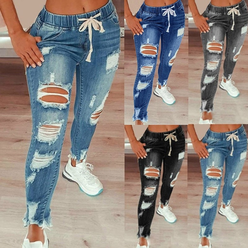 Women&s Fashion Jeans Ripped Skinny  New Sexy Hip Slim Jean Mom Spandex Denim Clothing  Jeans Female Overalls Elastic Band Pants